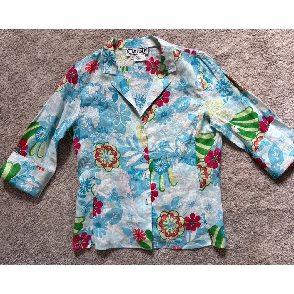 Carlisle 100% Linen Floral Blouse Relaxed Top Size 10 Coastal Cottagecore Preppy - Picture 3 of 9